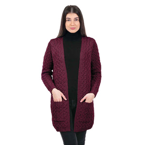 Women's Aran Knit Icon Cardigan Coat, Wine