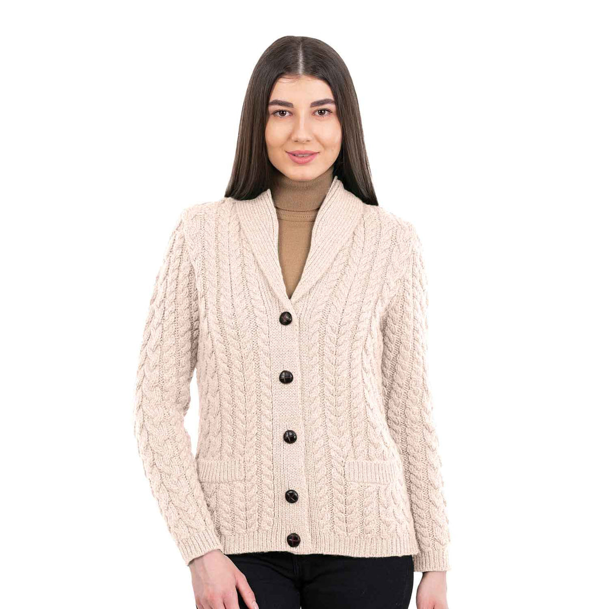 Women's Aran Knit Shawl Neck Cardigan, Parsnip