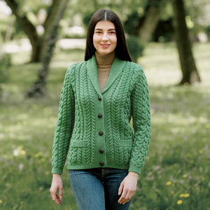 Women's Aran Knit Shawl Neck Cardigan, Green