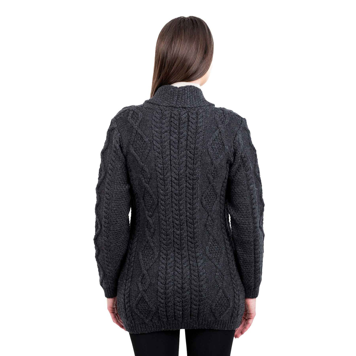 Women's Aran Knit Boyfriend Collar Cardigan, Charcoal