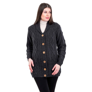 Women's Aran Knit Boyfriend Collar Cardigan, Charcoal