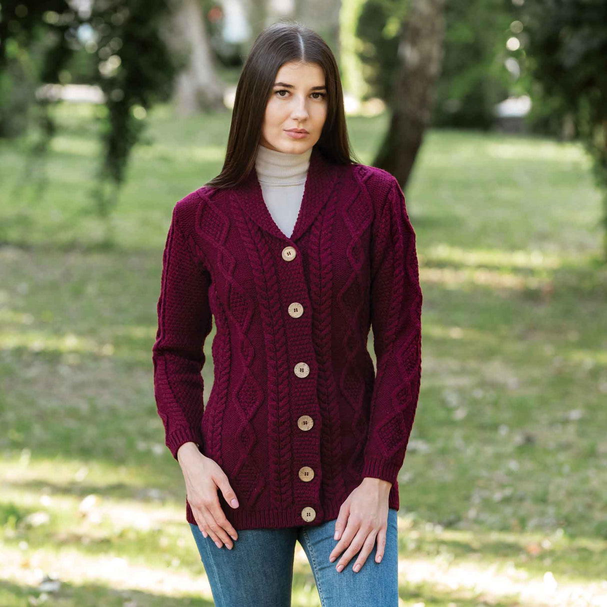 Women's Aran Knit Boyfriend Collar Cardigan, Wine