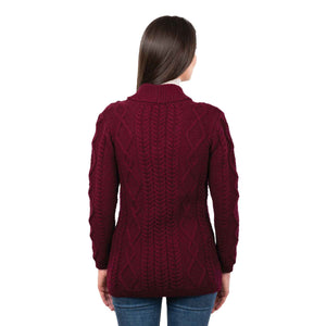 Women's Aran Knit Boyfriend Collar Cardigan, Wine