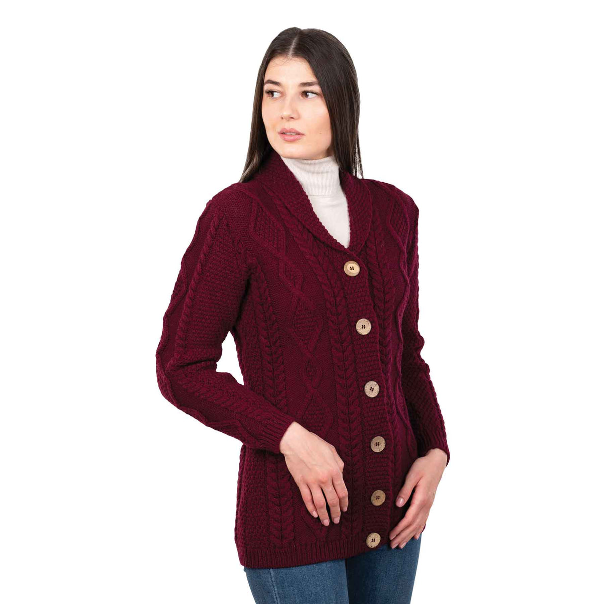 Women's Aran Knit Boyfriend Collar Cardigan, Wine