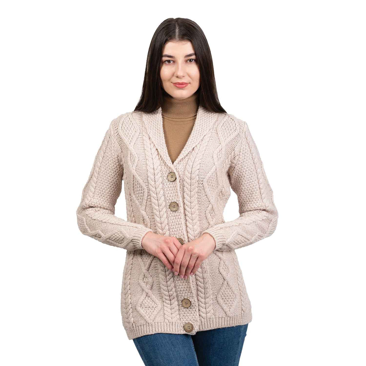 Women's Aran Knit Boyfriend Collar Cardigan, Parsnip