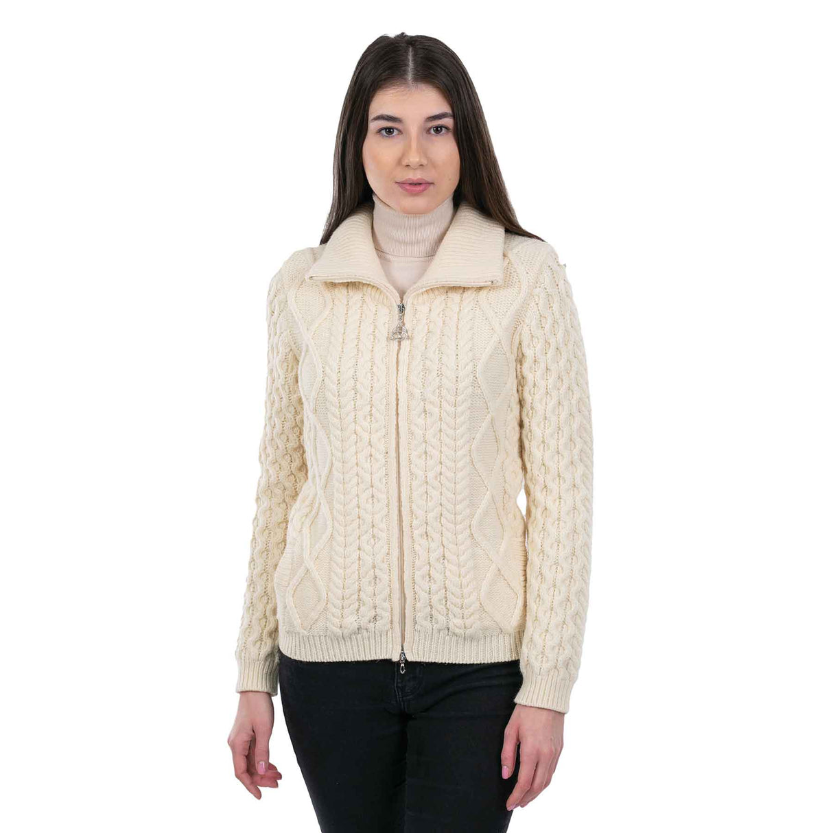 Women's Aran Knit Cable Bomber Jacket, Natural