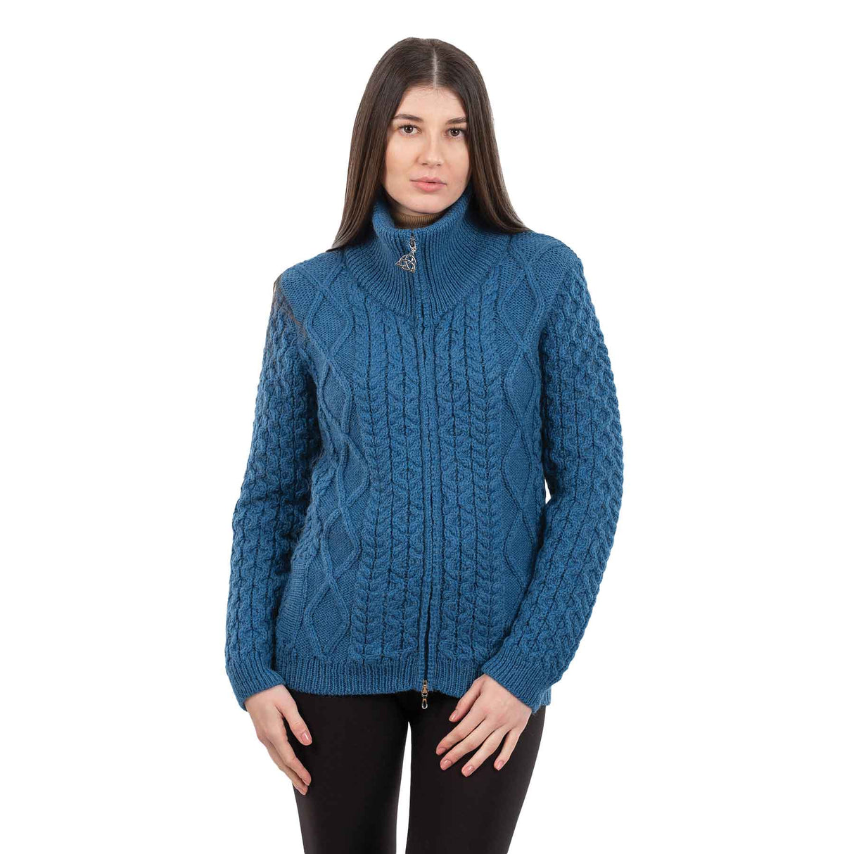 Women's Aran Knit Cable Bomber Jacket, Teal