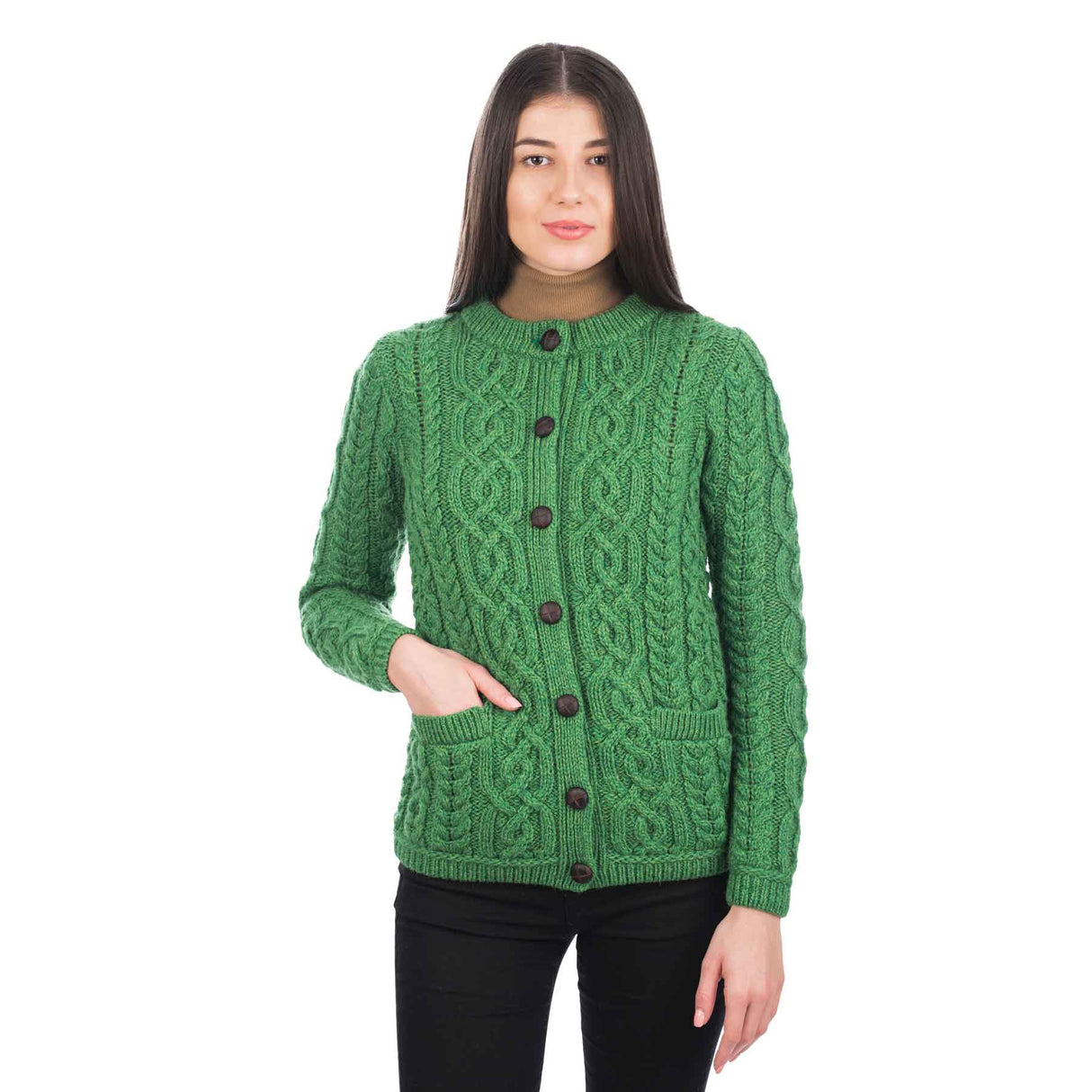 Women's Aran Knit Button Cardigan, Green