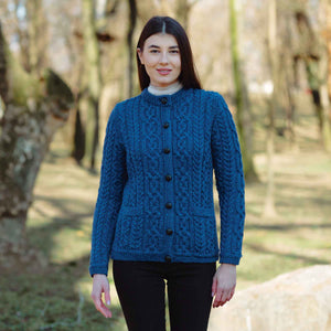 Women's Aran Knit Button Cardigan, Marl Blue