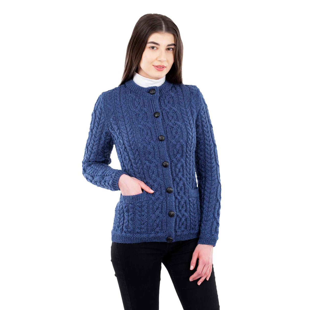 Women's Aran Knit Button Cardigan, Marl Blue