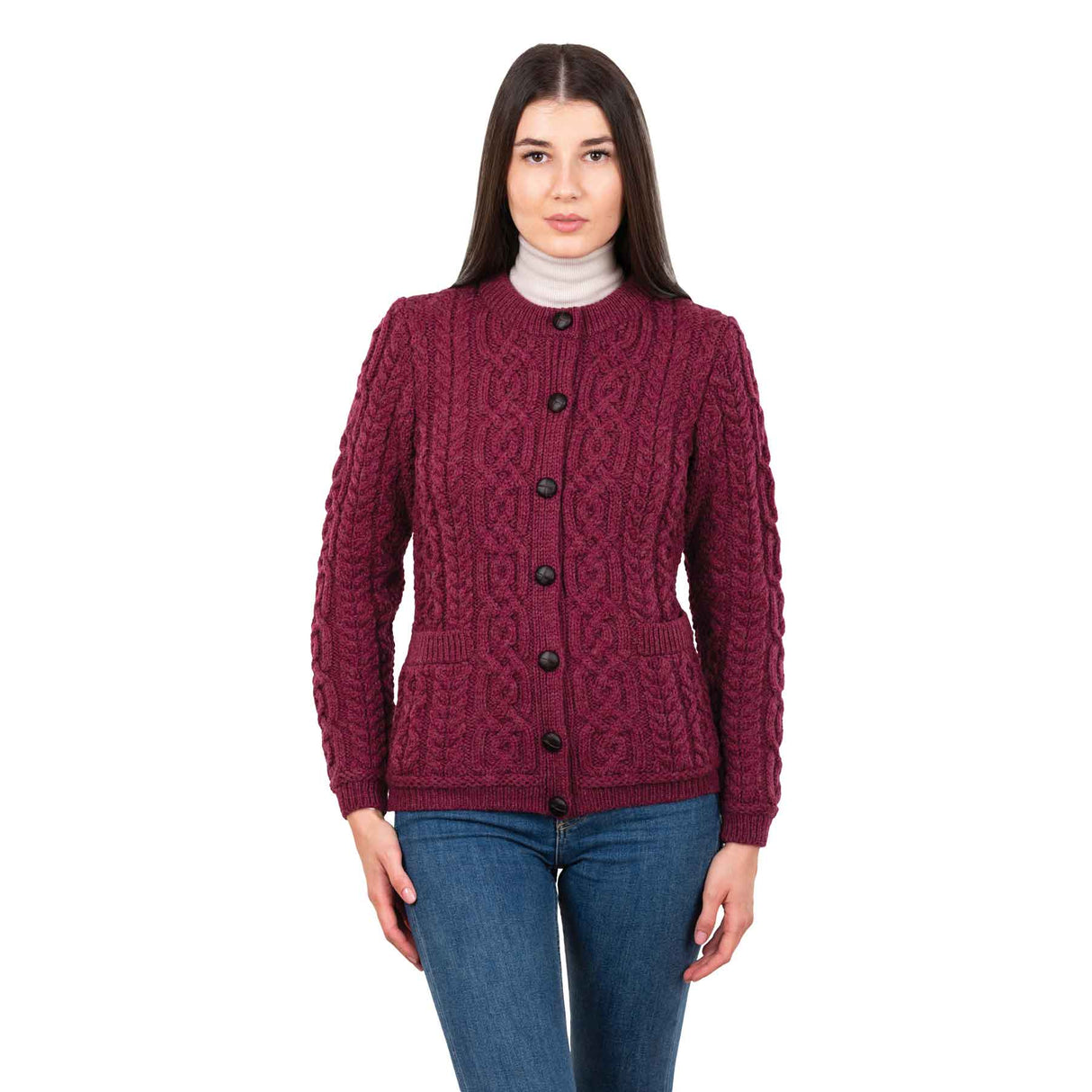 Women's Aran Knit Button Cardigan, Velvet Red