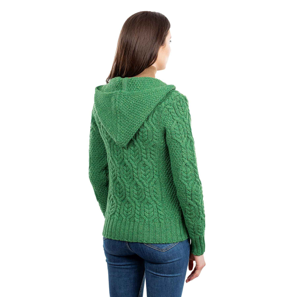 Women's Aran Knit Double Collar Zipped Cardigan, Green