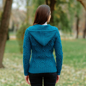 Women's Aran Knit Double Collar Zipped Cardigan, Teal