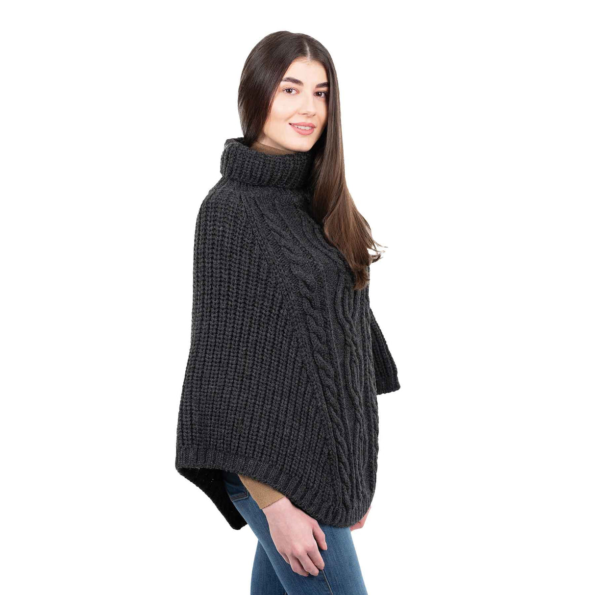 Women's Cable Knit Poncho, Charcoal