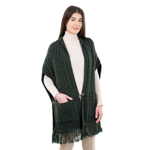 Women's Cable Pattern Pocket Shawl, Army Green