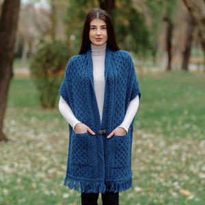 Women's Cable Pattern Pocket Shawl, Marl Blue