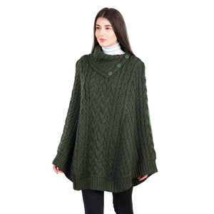 Women's Cowl Neck Button Poncho, Army Green