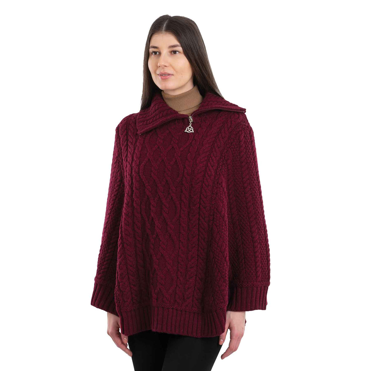 Women's Cowl Neck Zipper Poncho, Wine