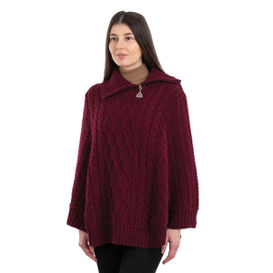 Women's Cowl Neck Zipper Poncho, Wine