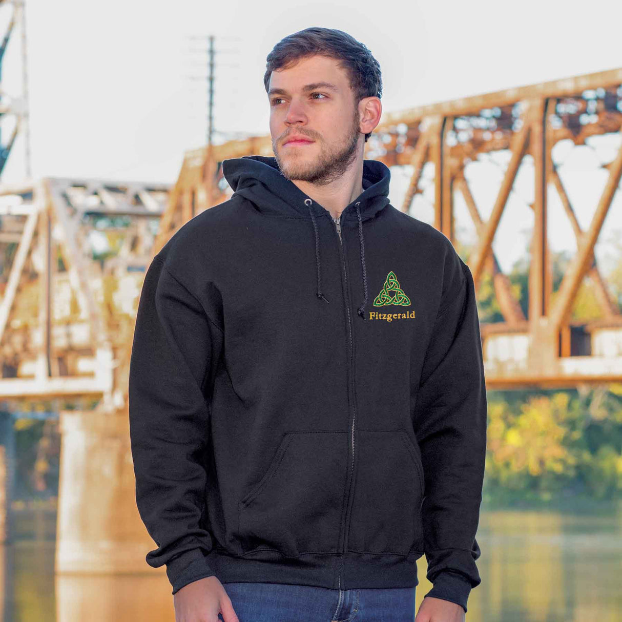 Celtic Triangle Knot Embroidered Personalized Full Zip Hoodie- Black