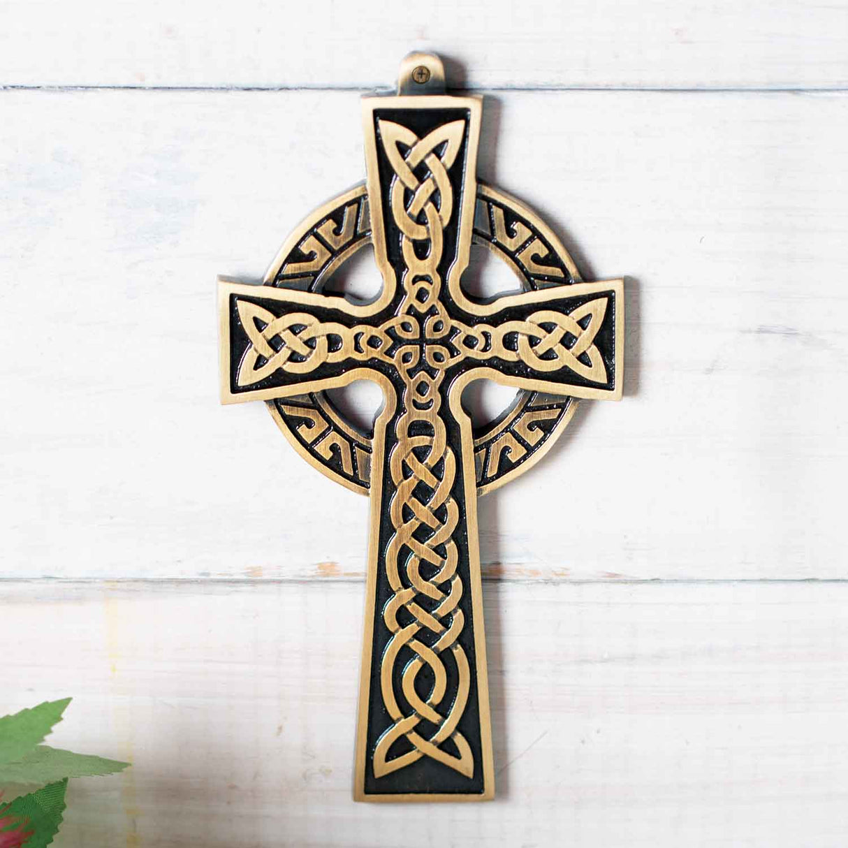 Irish Small Celtic Wall Cross, Antique Brass