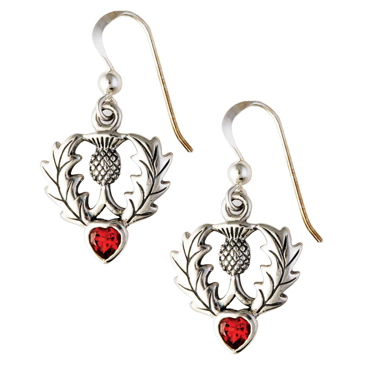 Scottish Thistle Dangle Earrings with Garnet Gemstone