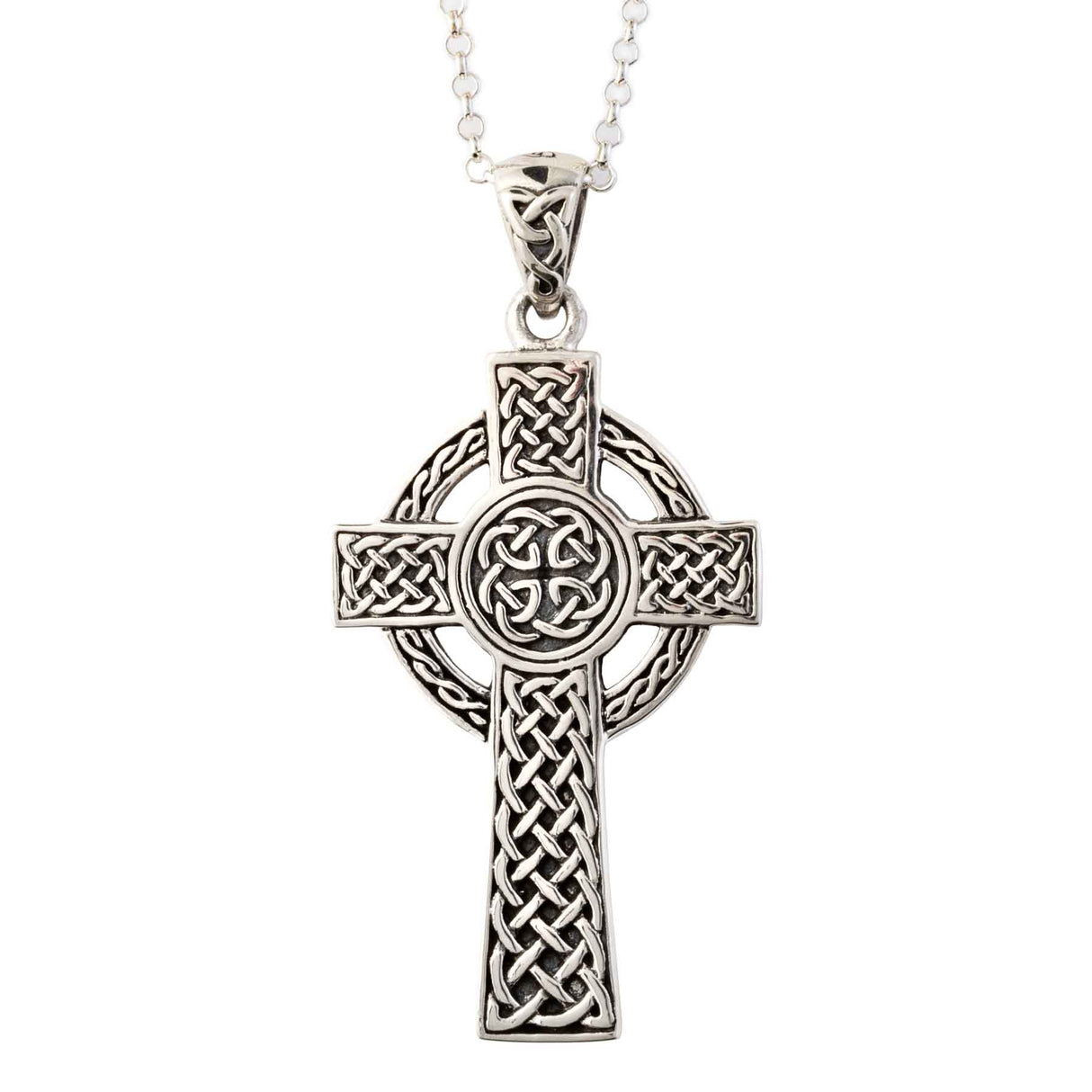 Sterling Silver Celtic Cross Pendant Necklace with Knotwork Carvings