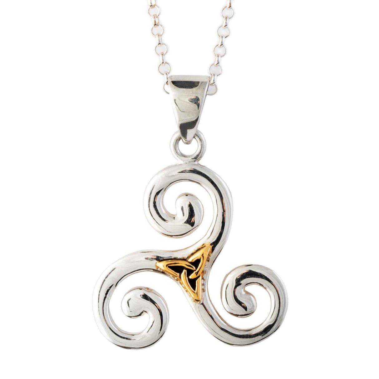 Celtic Triskele Spirals Pendant Necklace with Golden Trinity Accent