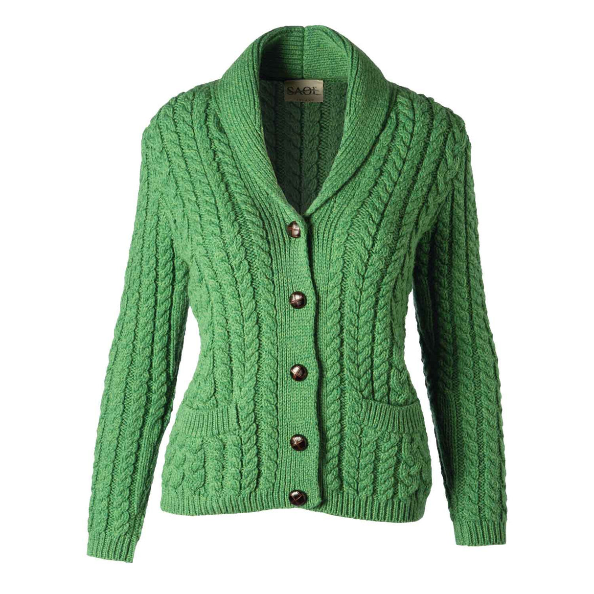 Women's Aran Knit Shawl Neck Cardigan, Green