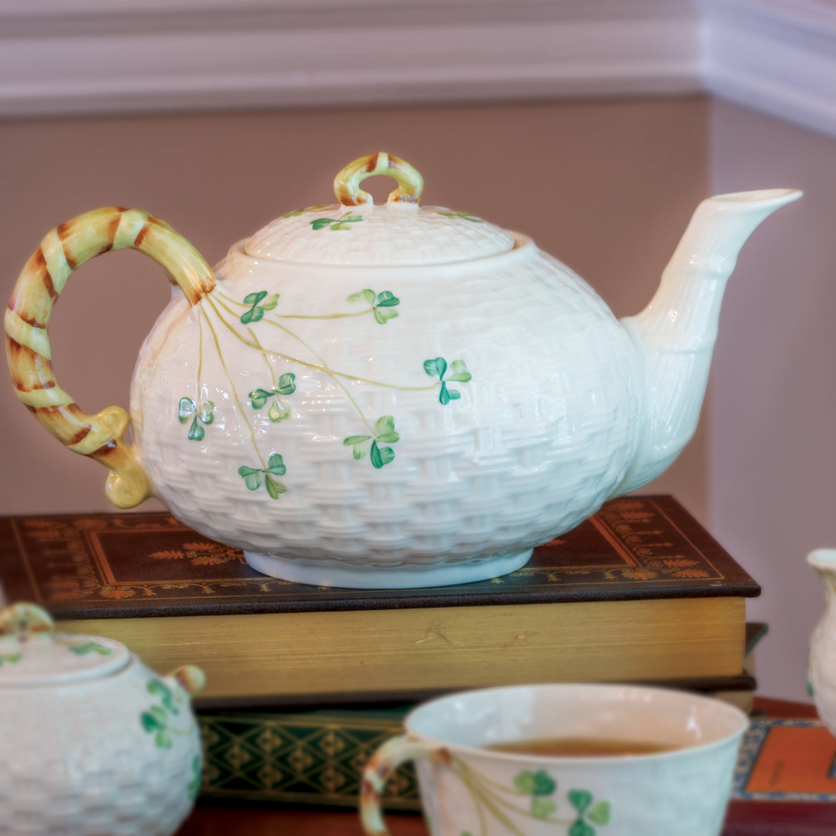 Belleek Basket Weave Shamrock Teapot