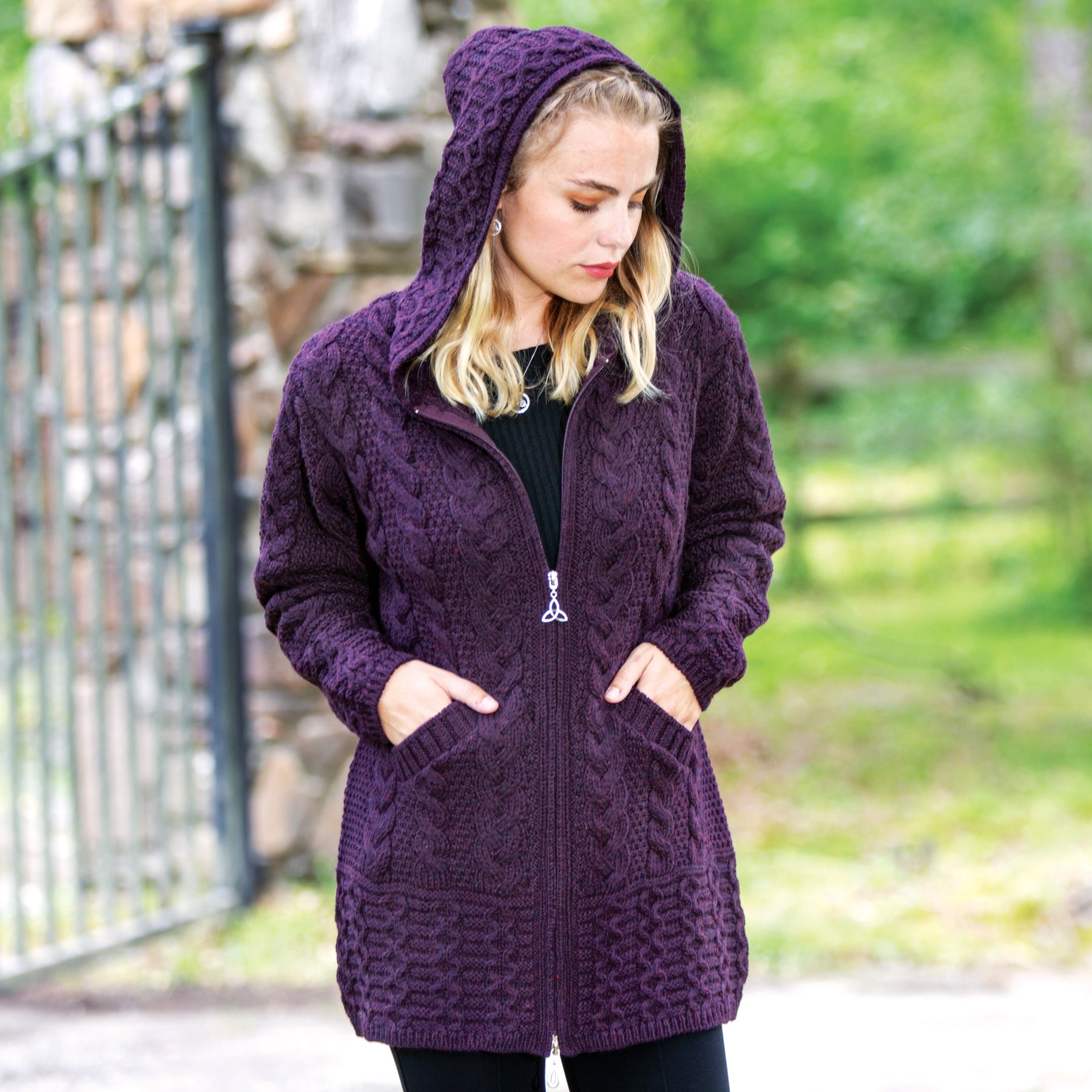 Long hooded cable cheap knit cardigan