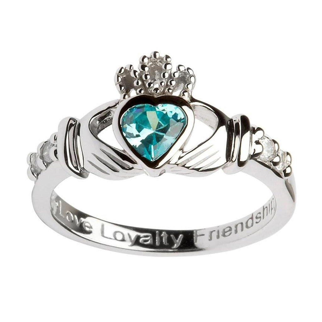 Irish Claddagh Ring - Sterling Silver with March Birthstone– Creative